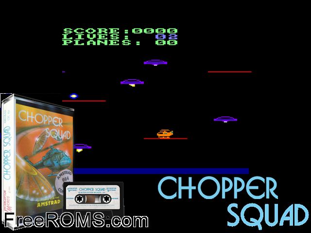 Chopper Squad (UK) (1985) [a1] Amstrad CPC game showing 3D box cover and gameplay screenshot